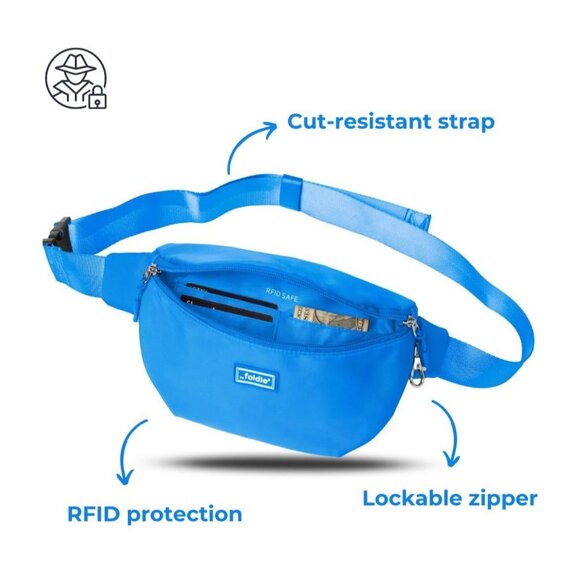 Foldie RFID Safe Blue Fanny Pack With Lockable Zipper & Cut-Resistant Strap For - Picture 2 of 4